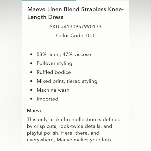 Anthropologie NWT Maeve Linen Blend Strapless Knee-Length Dress size S. - Picture 9 of 16